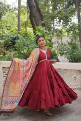 Ravishing Maroon Color V Neck Designer Gown