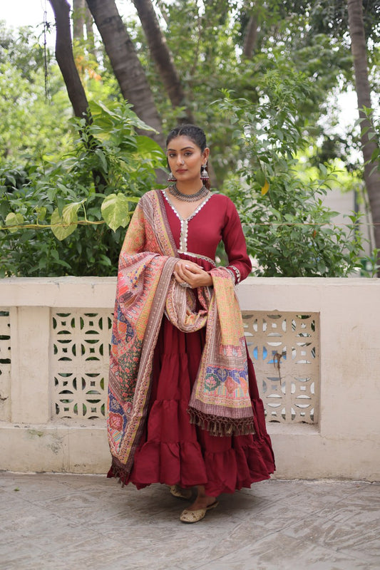 Ravishing Maroon Color V Neck Designer Gown