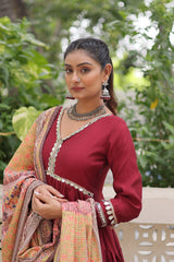 Ravishing Maroon Color V Neck Designer Gown