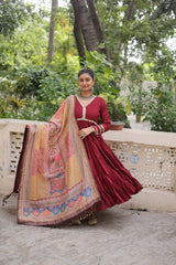Ravishing Maroon Color V Neck Designer Gown