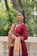Ravishing Maroon Color V Neck Designer Gown
