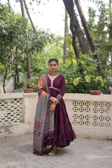 Ravishing Maroon Color V Neck Designer Gown