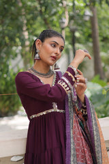 Ravishing Maroon Color V Neck Designer Gown