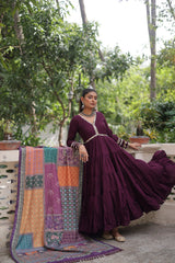 Ravishing Maroon Color V Neck Designer Gown