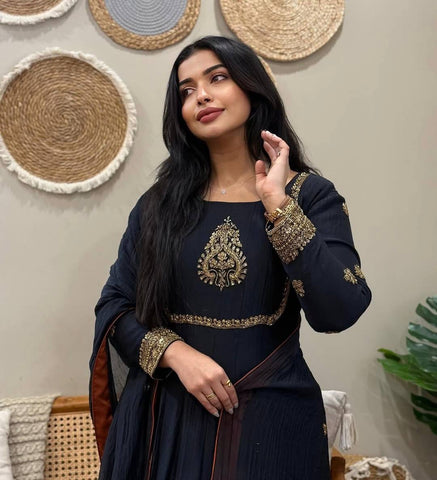 Glorious Black Color Embroidery Georgette Gown