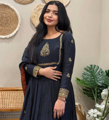 Glorious Black Color Embroidery Georgette Gown