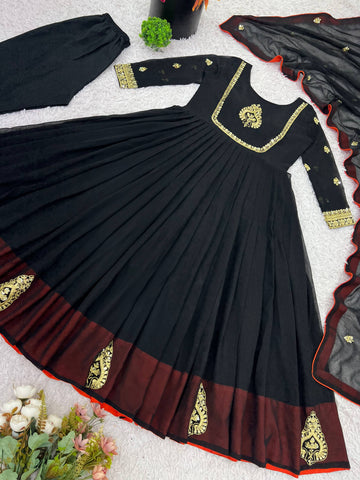 Glorious Black Color Embroidery Georgette Gown