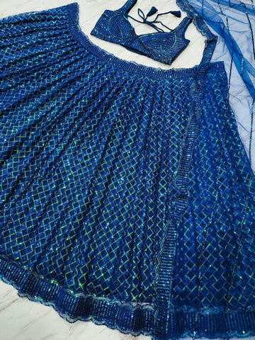 Wedding Collection Blue Color Net Zari Work Lehenga Choli