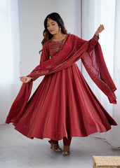 Ravishing Maroon Color With Beads Work Silk Anarkali Suit