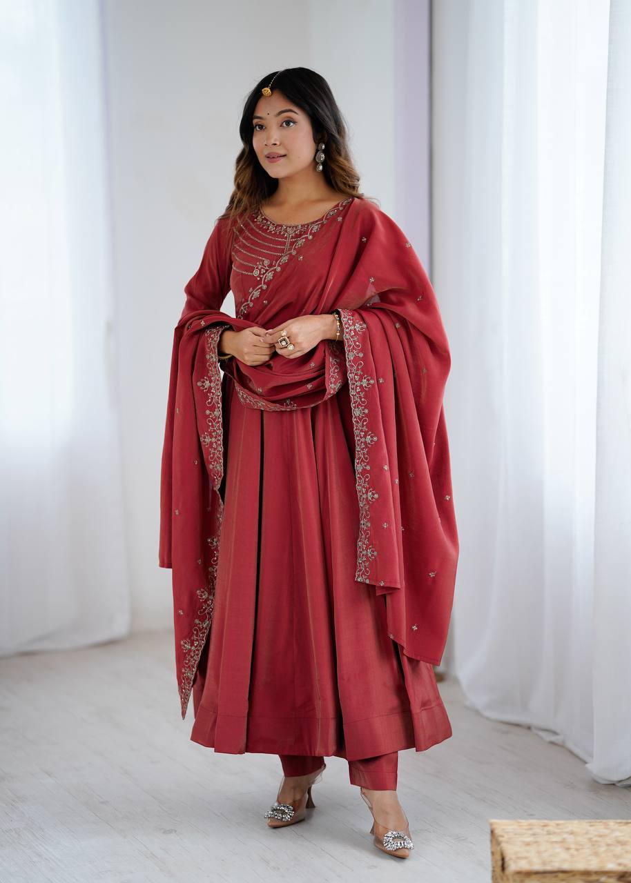 Ravishing Maroon Color With Beads Work Silk Anarkali Suit