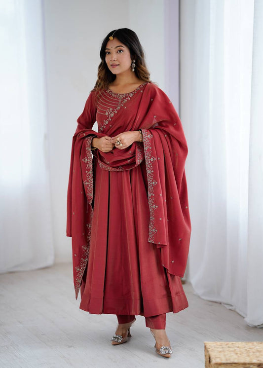 Ravishing Maroon Color With Beads Work Silk Anarkali Suit