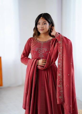 Ravishing Maroon Color With Beads Work Silk Anarkali Suit