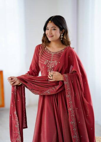 Ravishing Maroon Color With Beads Work Silk Anarkali Suit