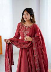 Ravishing Maroon Color With Beads Work Silk Anarkali Suit