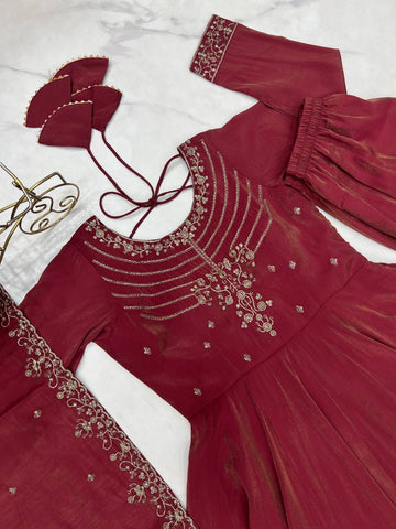 Ravishing Maroon Color With Beads Work Silk Anarkali Suit