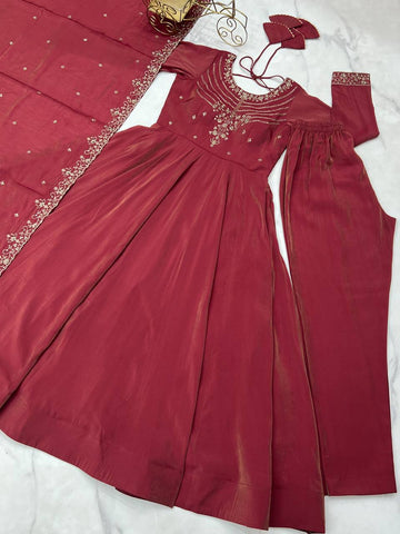 Ravishing Maroon Color With Beads Work Silk Anarkali Suit
