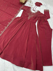 Ravishing Maroon Color With Beads Work Silk Anarkali Suit