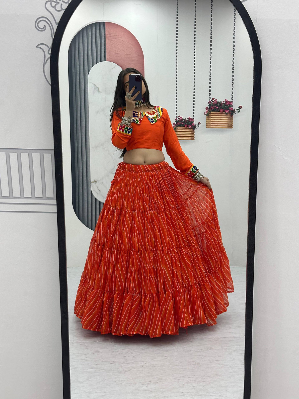 Orange Color Gamthi Work Lehenga Choli For Navratri Wear