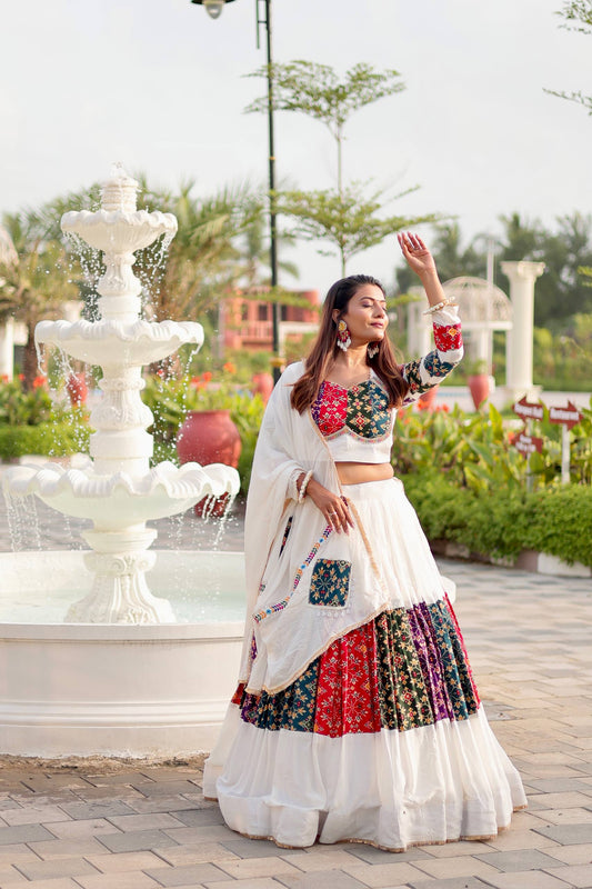 White Color Multi Color Lace Work Navratri Wear Lehenga Choli