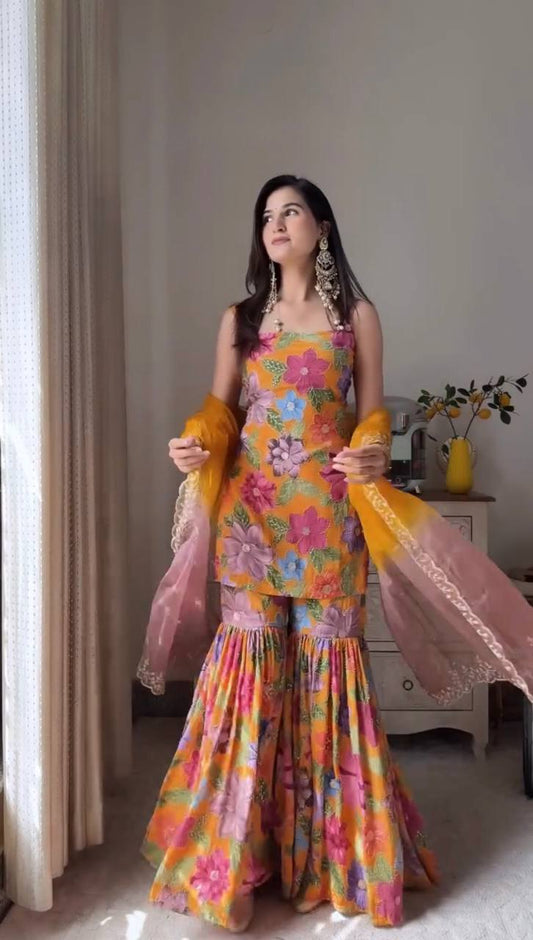 Attractive Mustard Color Digital Printed Sharara Suit