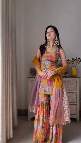 Attractive Mustard Color Digital Printed Sharara Suit