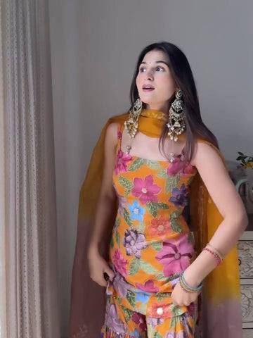 Attractive Mustard Color Digital Printed Sharara Suit