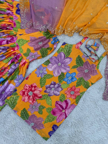 Attractive Mustard Color Digital Printed Sharara Suit