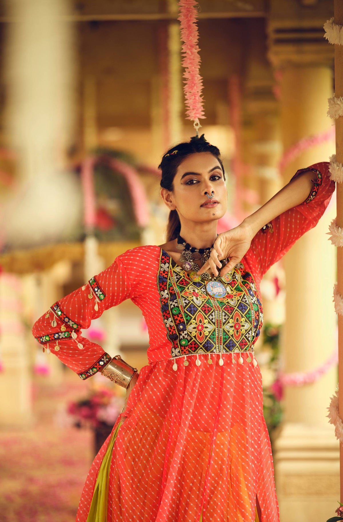 Orange Navratri Rayon Embroidery Work Lehenga With top