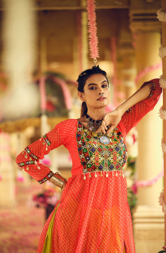 Orange Navratri Rayon Embroidery Work Lehenga With top