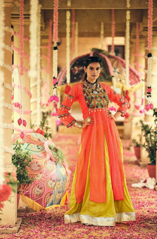 Orange Navratri Rayon Embroidery Work Lehenga With top