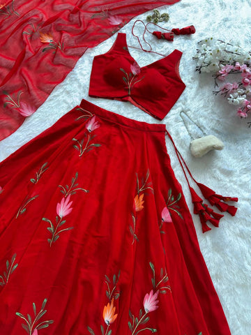 Ravishing Red Georgette Hand Paint Lehenga Choli