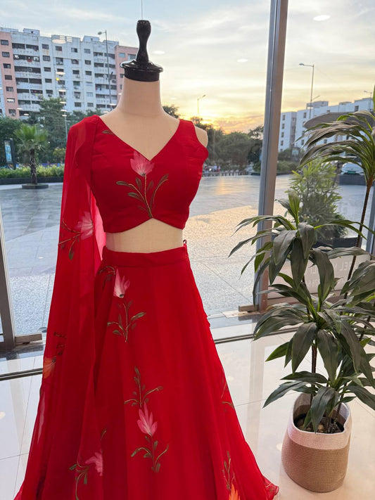 Ravishing Red Georgette Hand Paint Lehenga Choli