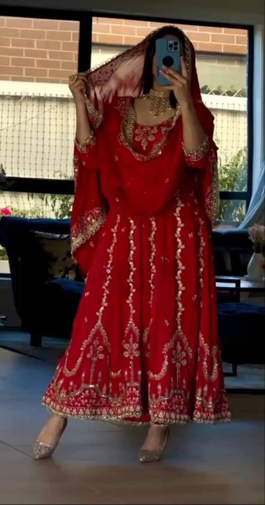 Stylish Red Crepe Sequence Work Anarkali Suit