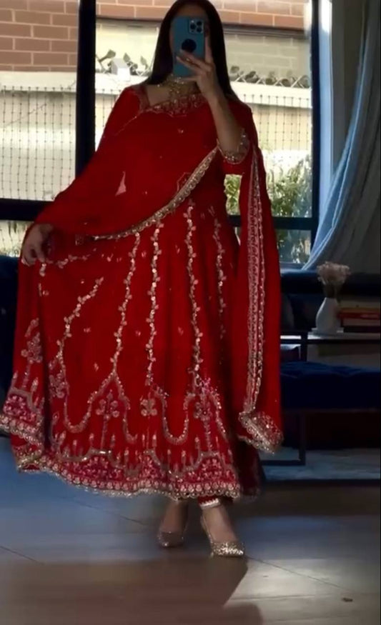 Stylish Red Crepe Sequence Work Anarkali Suit