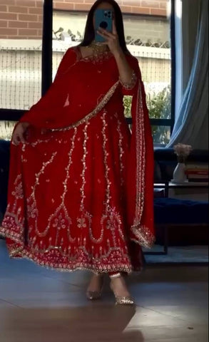Stylish Red Crepe Sequence Work Anarkali Suit