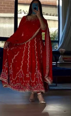 Stylish Red Crepe Sequence Work Anarkali Suit