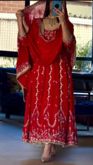 Stylish Red Crepe Sequence Work Anarkali Suit