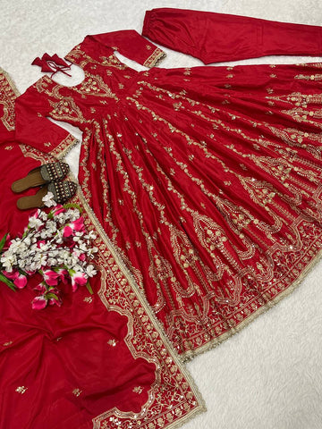 Stylish Red Crepe Sequence Work Anarkali Suit