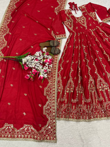 Stylish Red Crepe Sequence Work Anarkali Suit