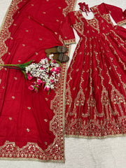 Stylish Red Crepe Sequence Work Anarkali Suit