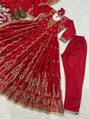 Stylish Red Crepe Sequence Work Anarkali Suit