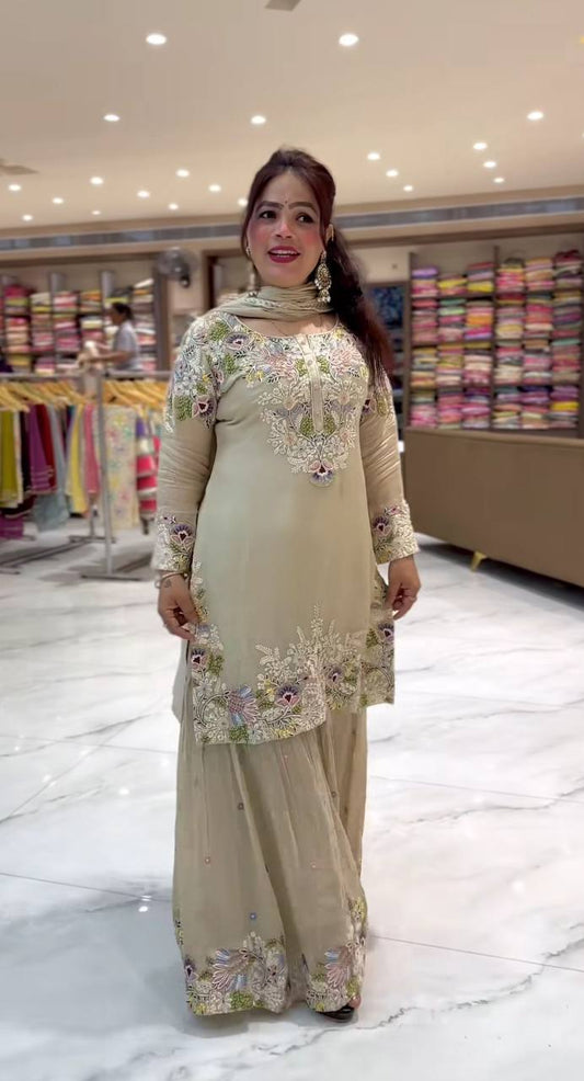 Ravishing Beige Crepe With Embroidery Work Sharara Suit
