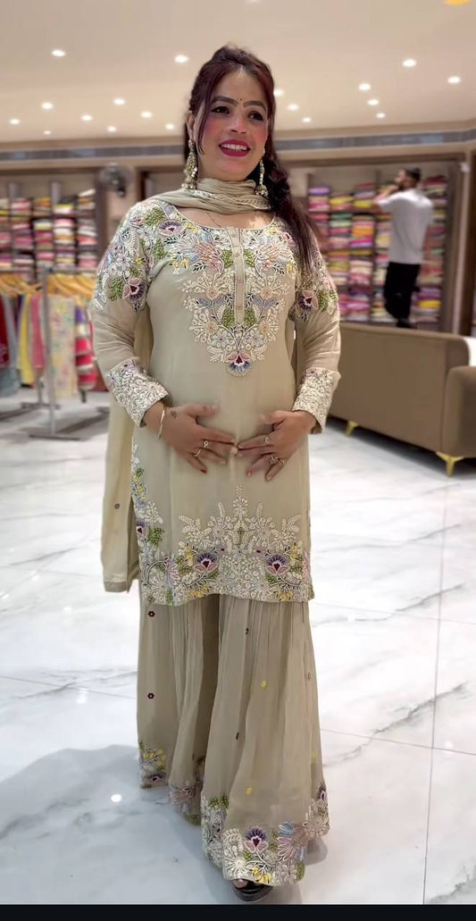 Ravishing Beige Crepe With Embroidery Work Sharara Suit