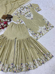 Ravishing Beige Crepe With Embroidery Work Sharara Suit