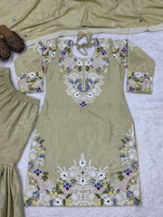 Ravishing Beige Crepe With Embroidery Work Sharara Suit