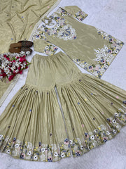 Ravishing Beige Crepe With Embroidery Work Sharara Suit