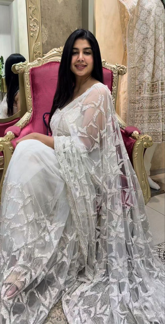 Trendy White Net with Sequins Work Saree