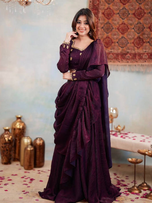 Elegant Maroon Silk With Embroidery Work Lehenga