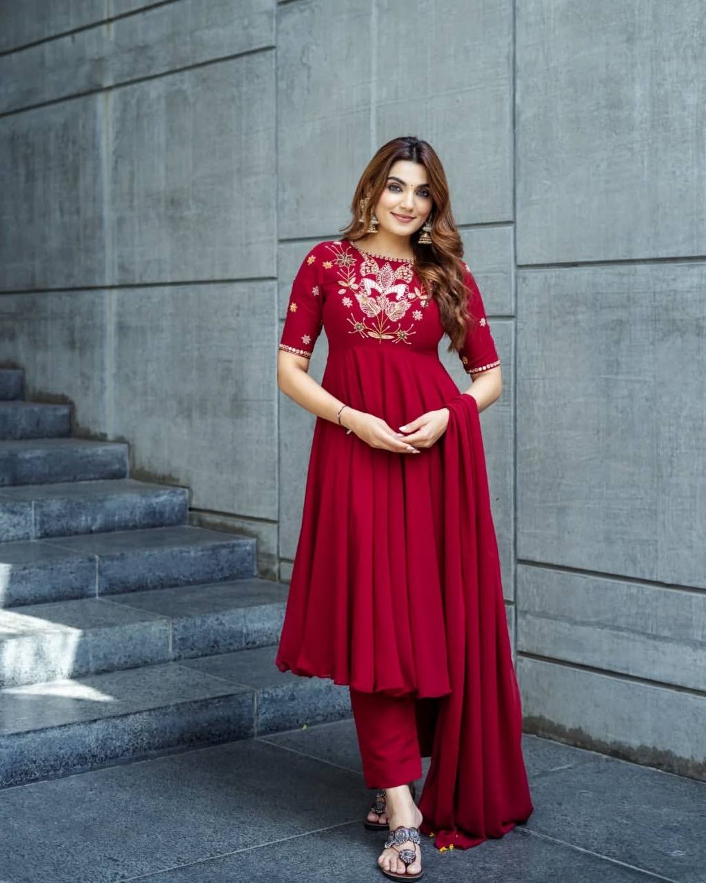 Innovative Red Silk Work Palazzo Suit