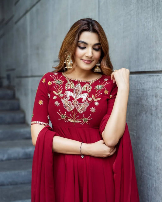 Innovative Red Silk Work Palazzo Suit